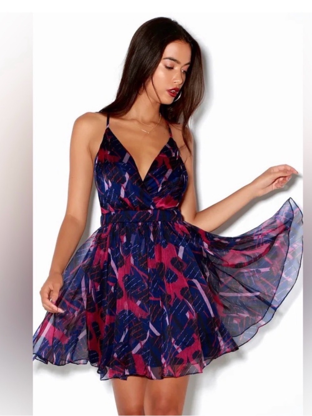 Lulu's Navy and Magenta Floral V-Neck Mini Dress